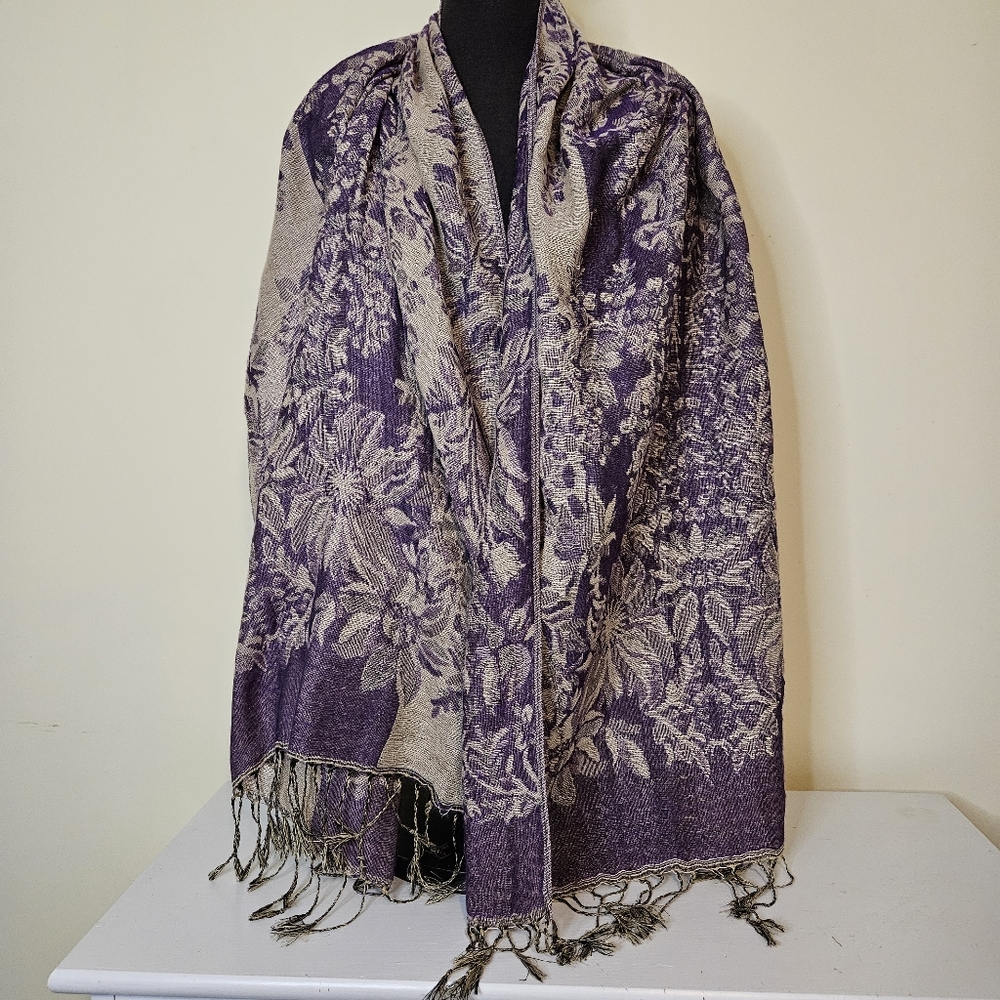 Elegant Purple and Tan Floral Shawl/Scarf Wrap Polyester Cotton